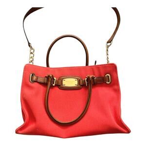 EUC MICHAEL KORS HAMILTON EAST WEST TOTE VIBRANT CORAL CANVAS & LEATHER TRIM